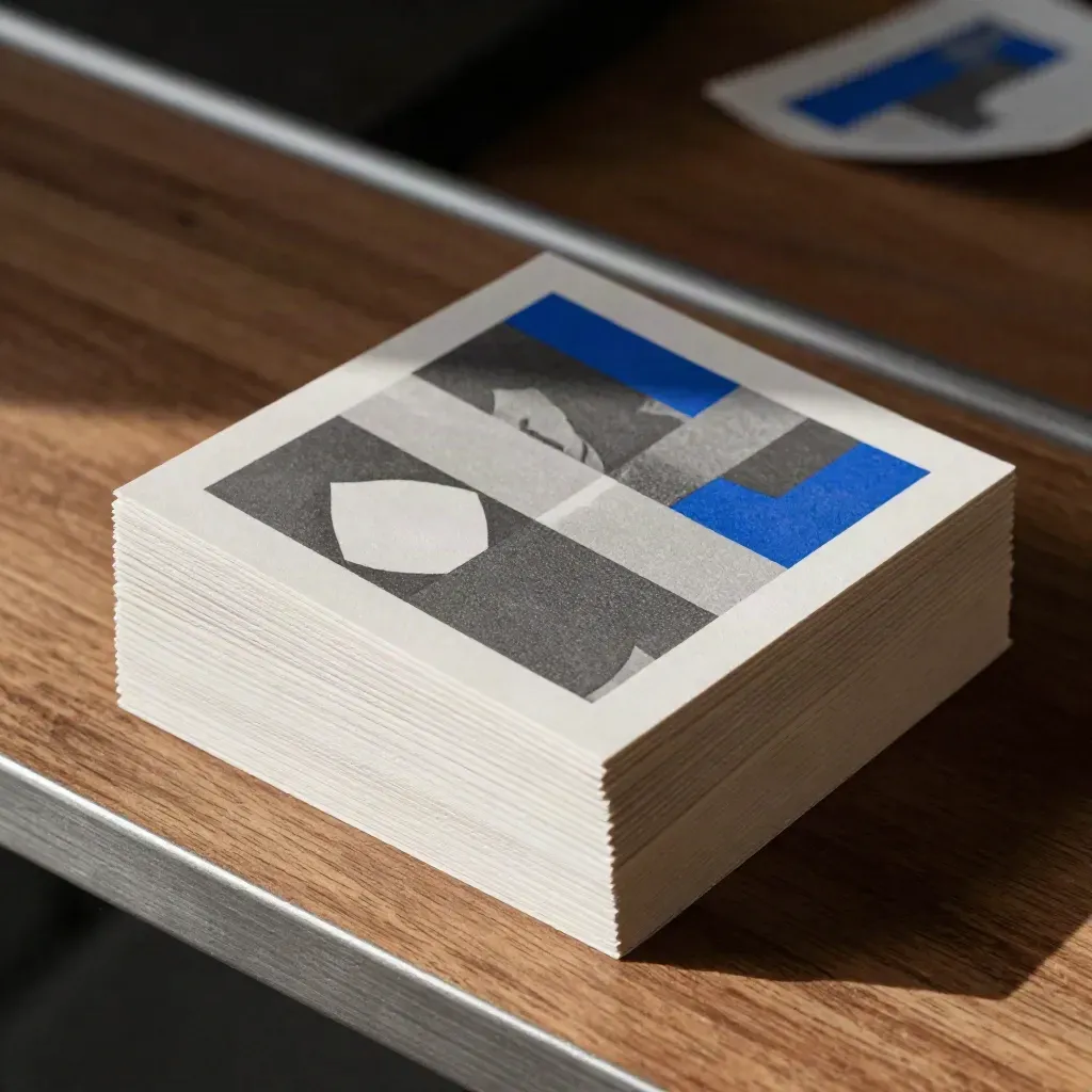 Fanned social media mockup cards with electric-blue accents on a walnut studio shelf.