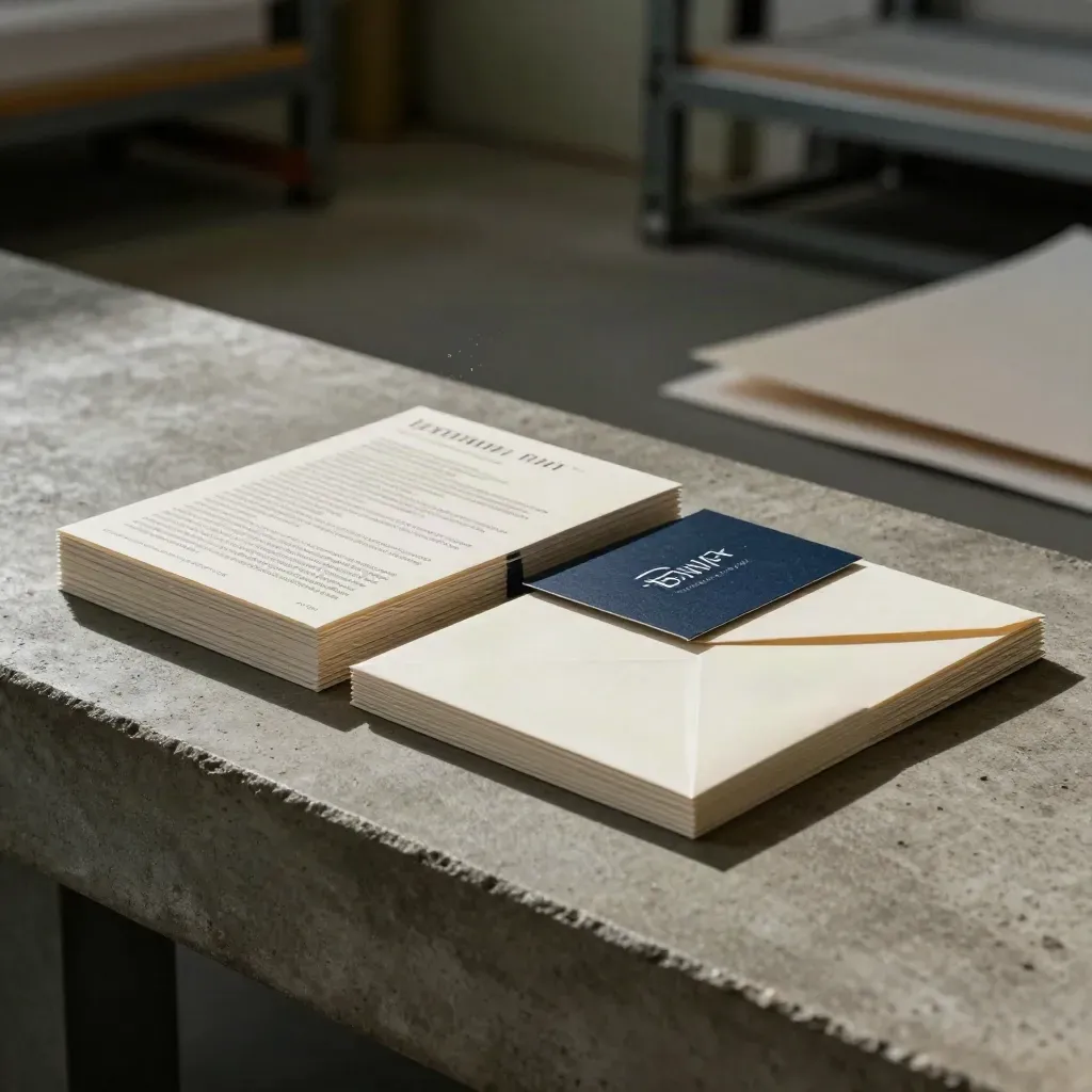 Moody print collateral stack with cards, leaflets, and envelope on concrete.