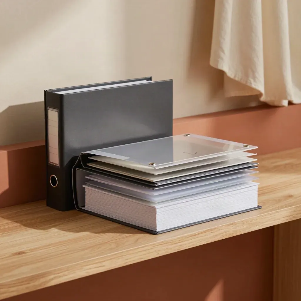 Open presentation box with binders, divider tabs and acetate sheets on a terracotta ledge