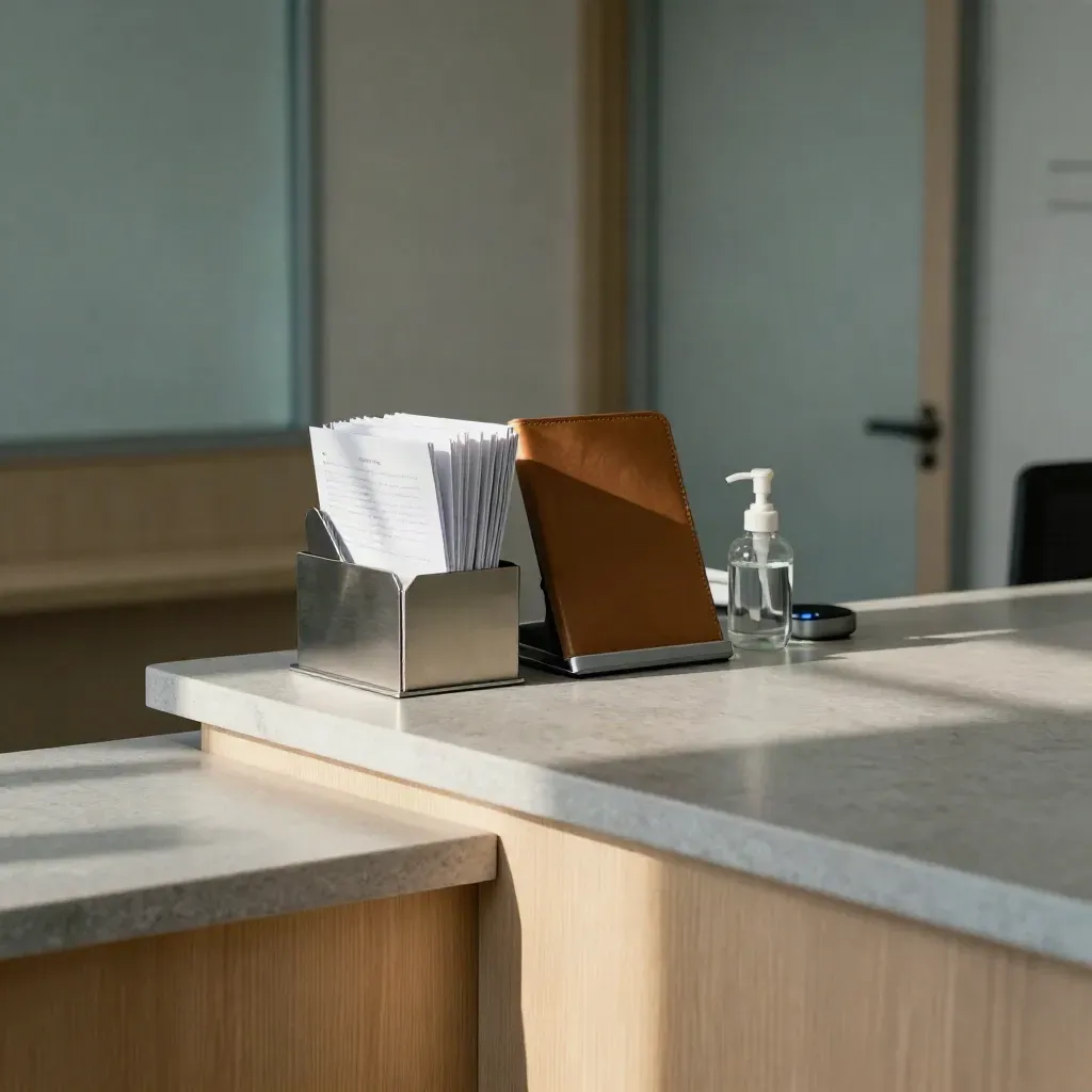Clinic reception counter with brochure rack, folder and phone dock in soft daylight.