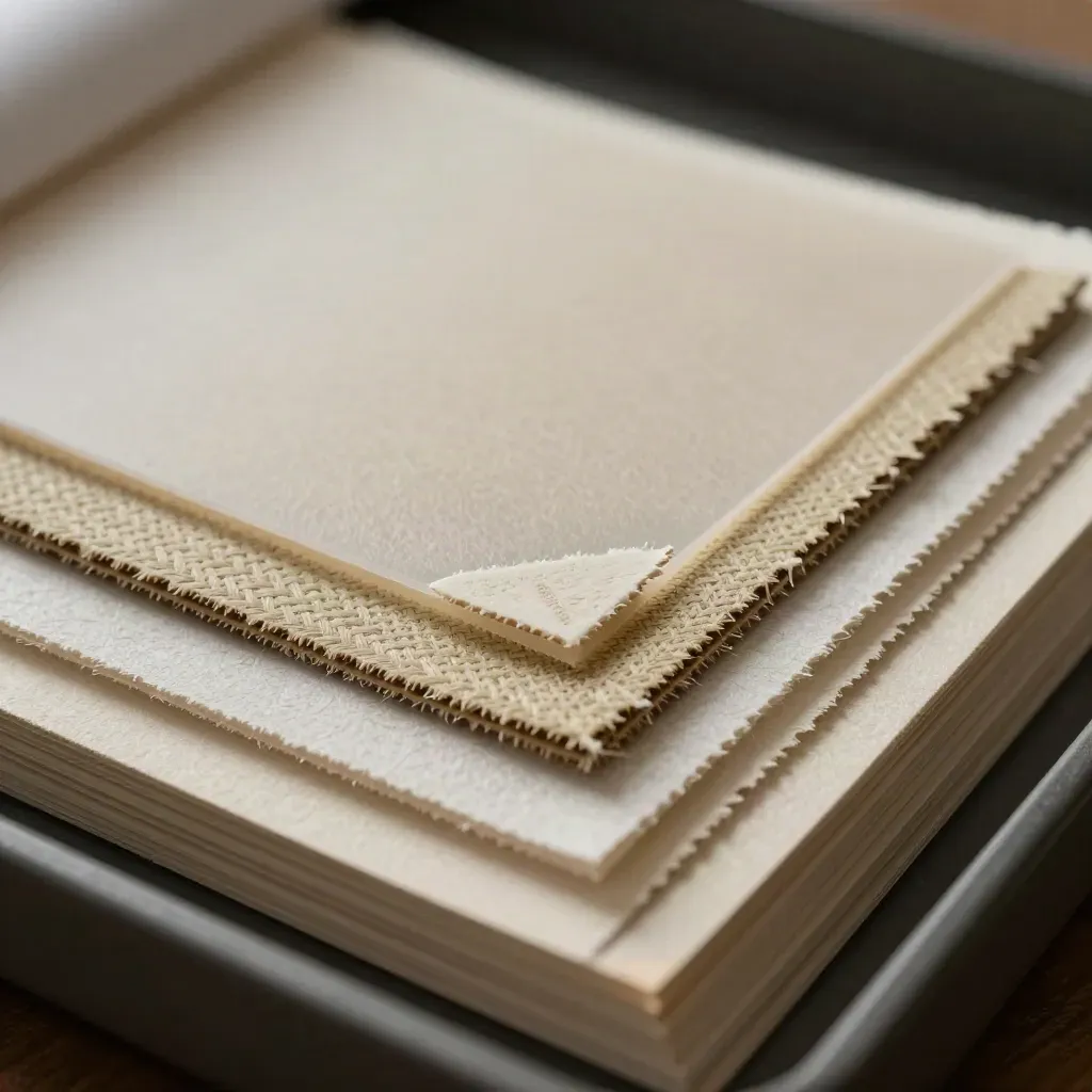 Macro of paper stock samples and vellum overlays with embossed edges in raking light.