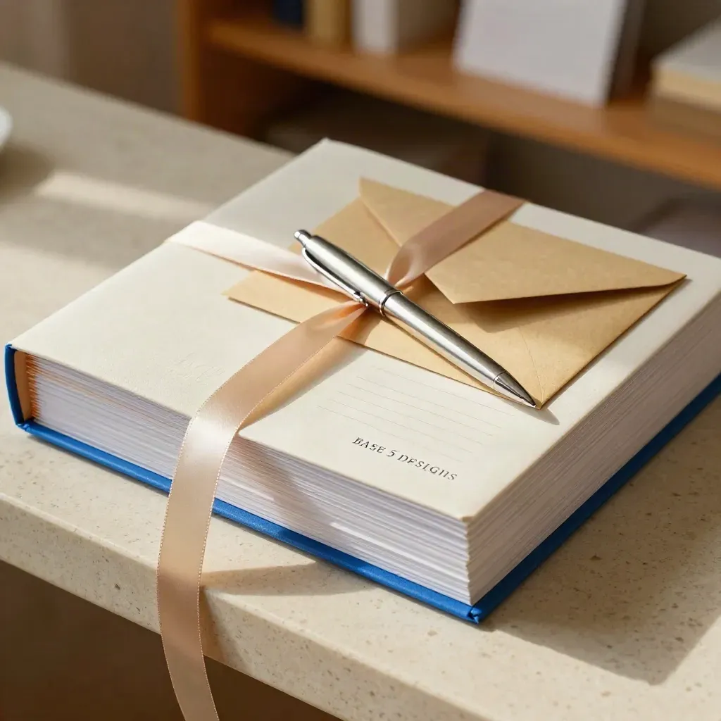Planner stationery kit with folders, ribbon-tied envelopes and a silver pen on travertine.