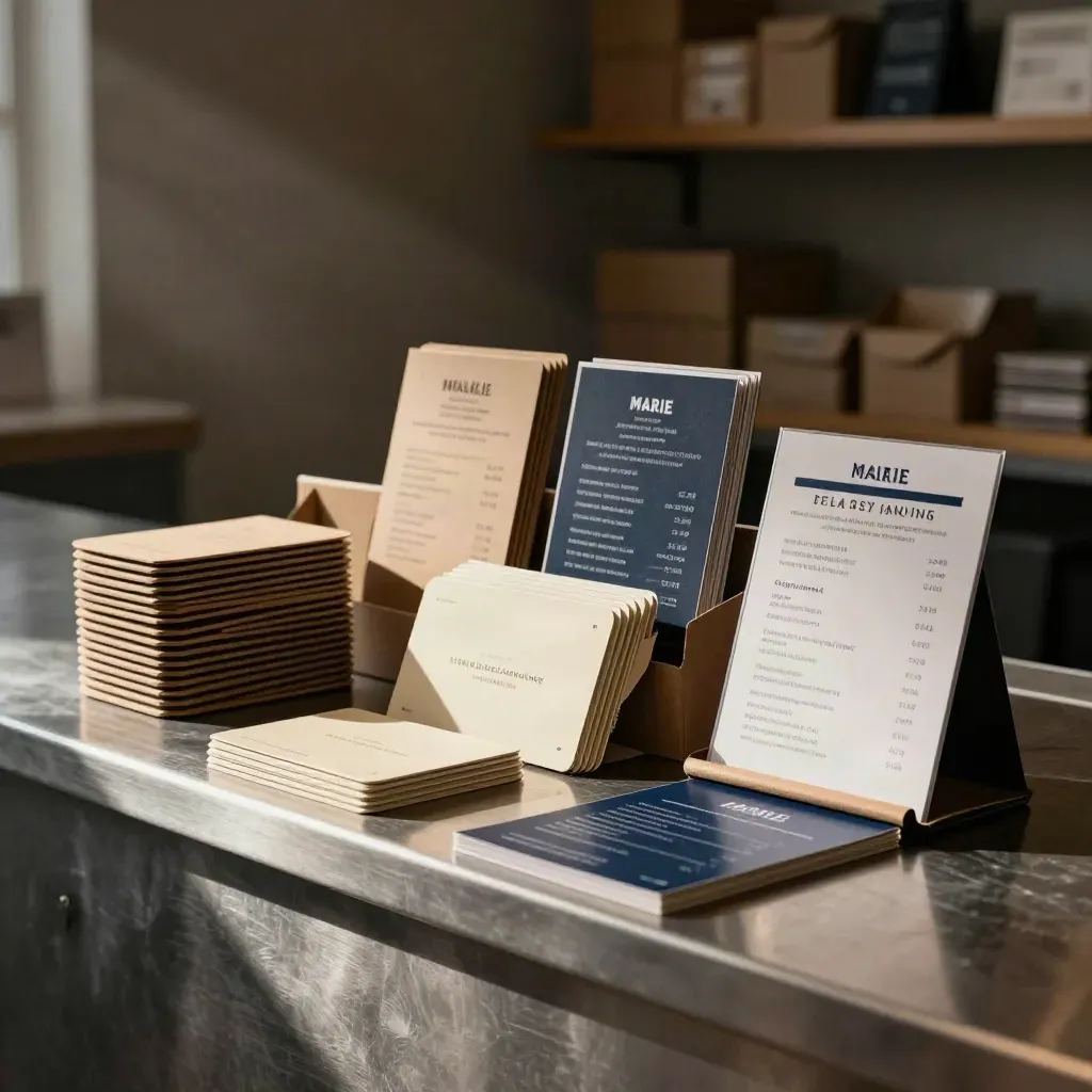 Café group launch pack on a steel bench with sleeves, menus, loyalty cards and a folded sign sample.