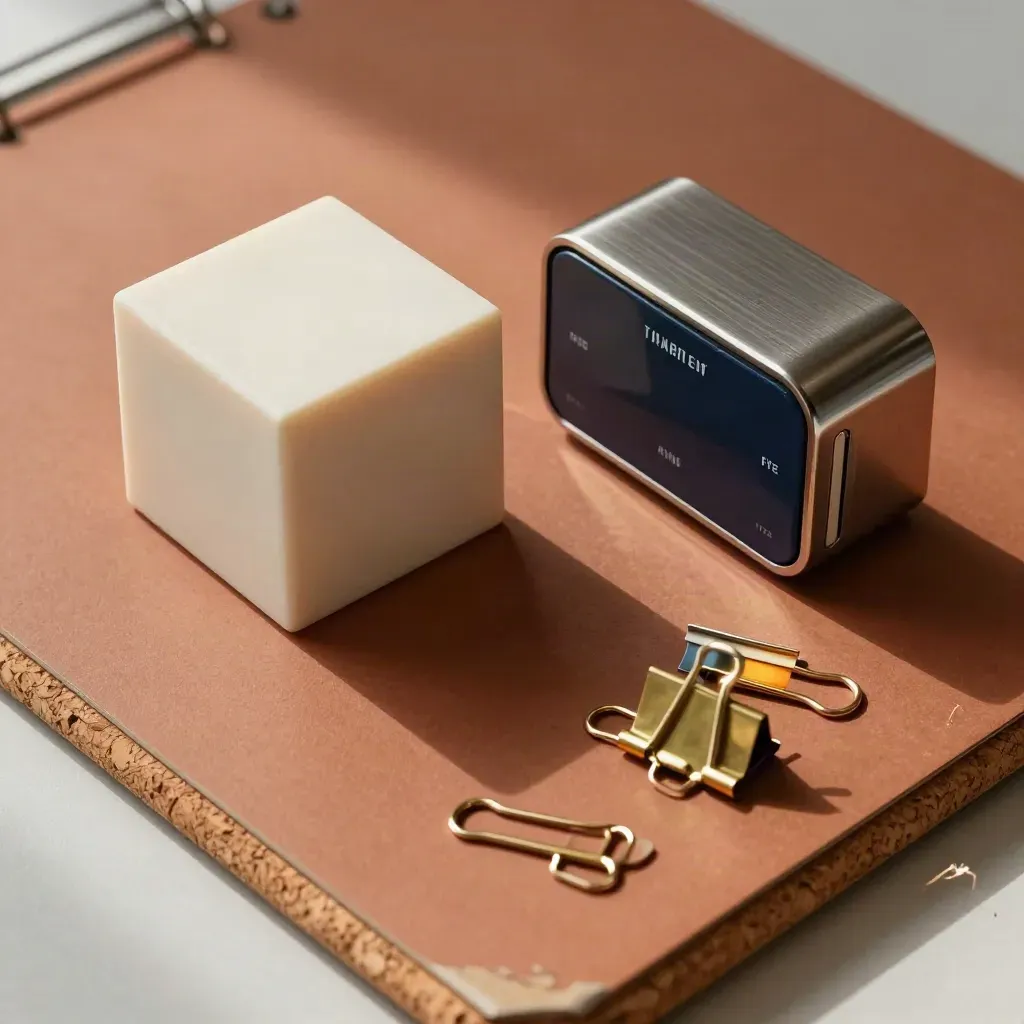 Overhead still life of a calendar cube, brass clips, tabs and desk timer on terracotta plaster.