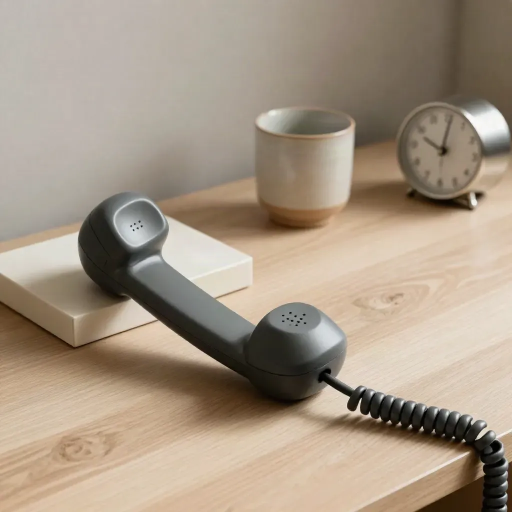 Telephone handset beside a note block, cup and clock on pale wood, soft side light.
