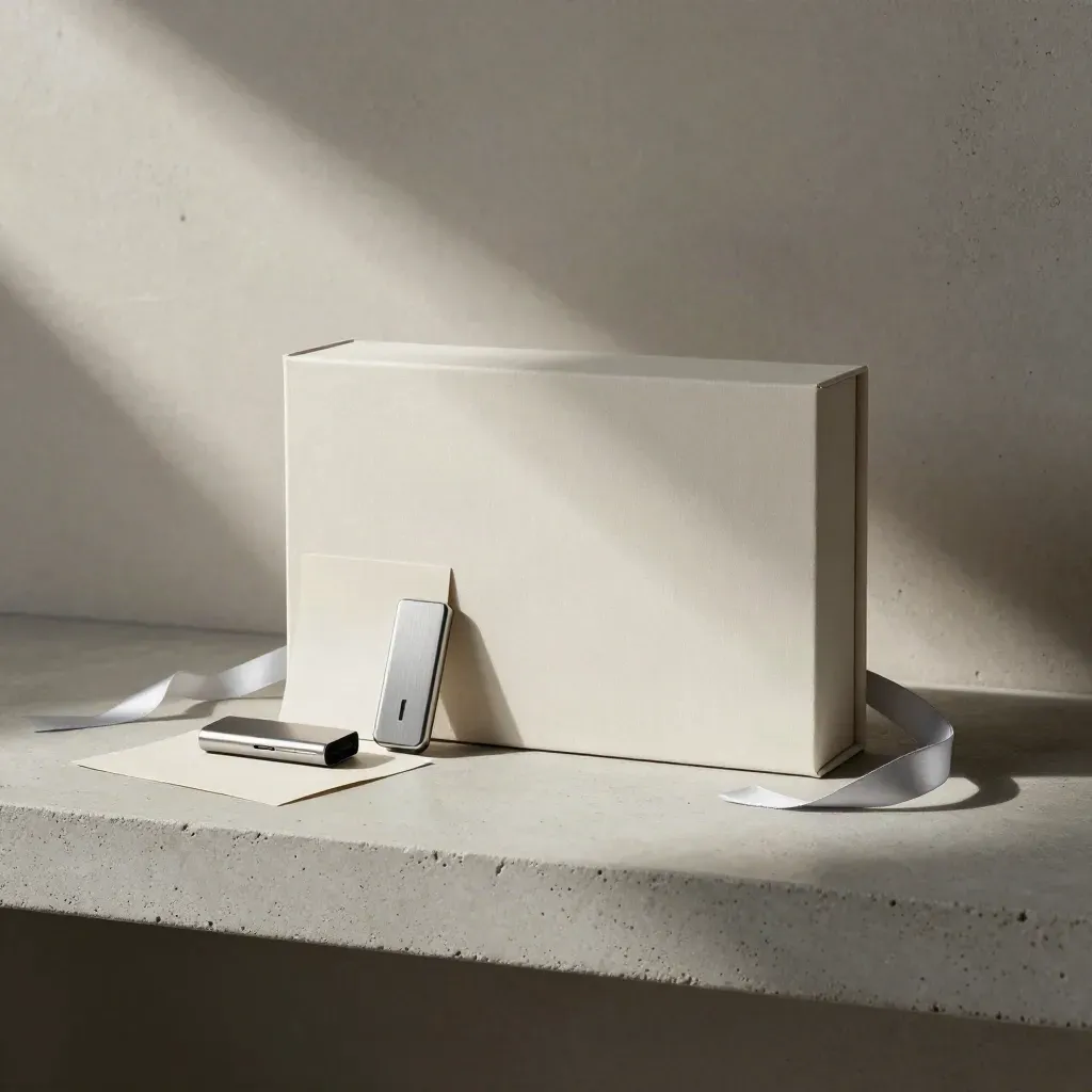 Sealed archive box with USB drive, folded guide card and ribbon tie on a stone shelf.