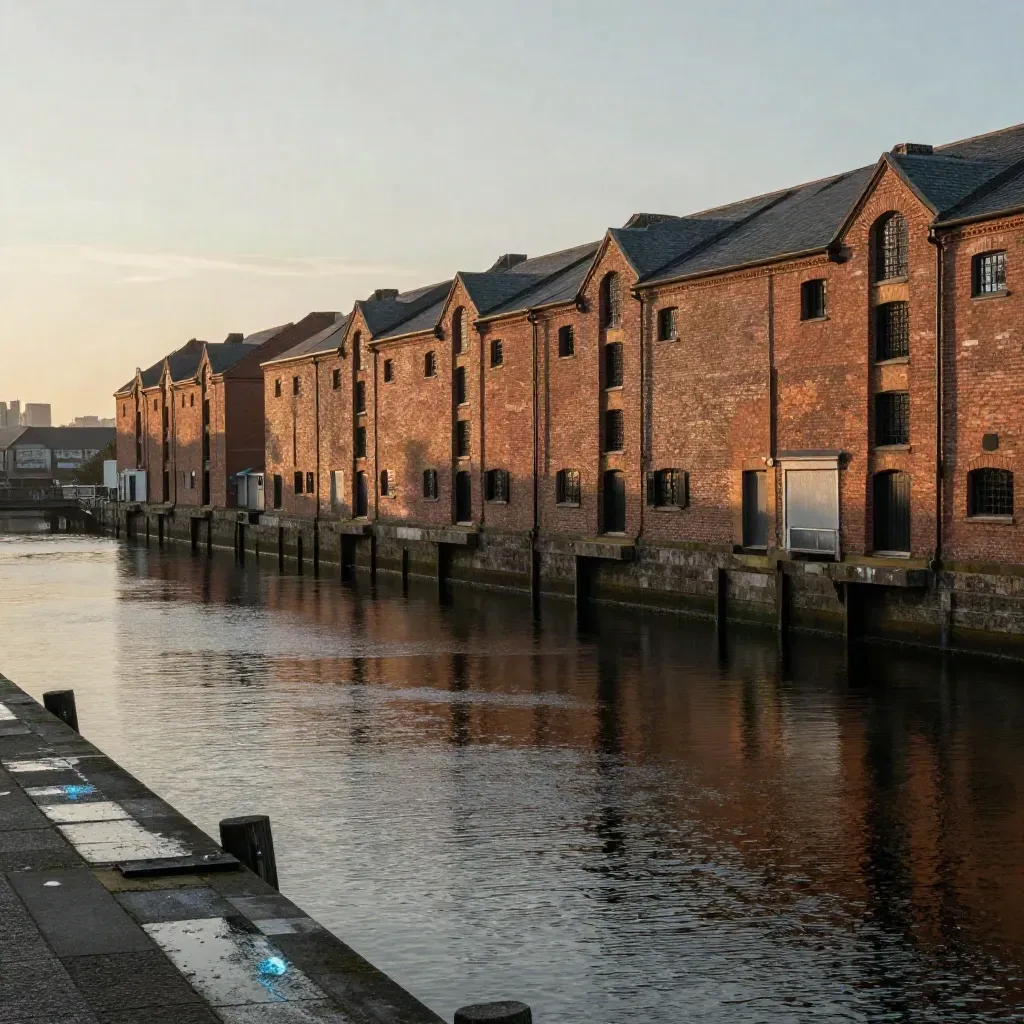 Hazy North West canal warehouses and skyline over calm water at golden hour.