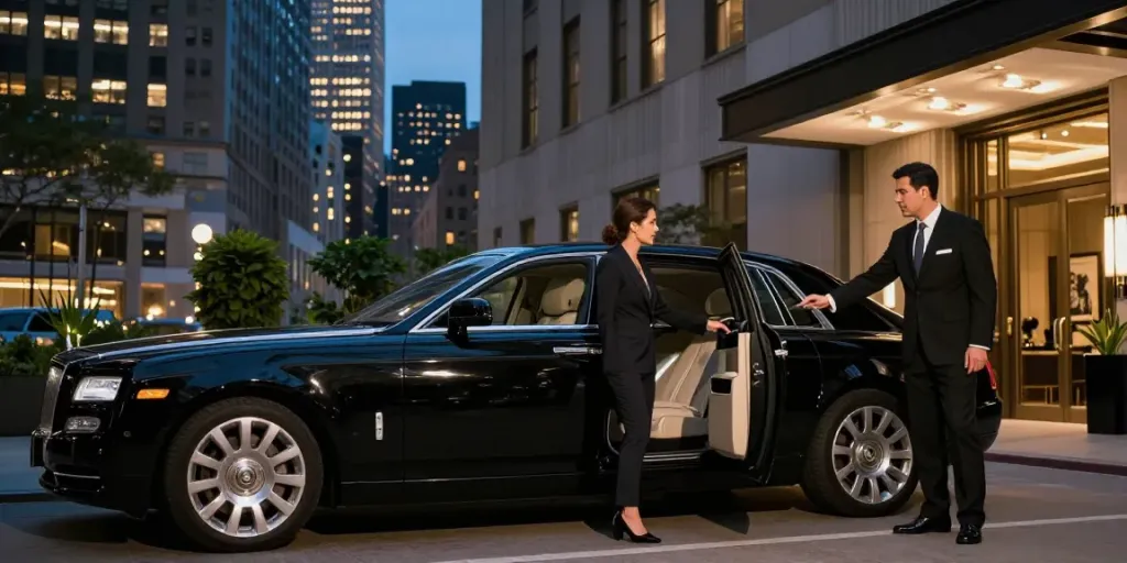 Black car service NYC with a professional chauffeur welcoming clients at a luxury hotel.