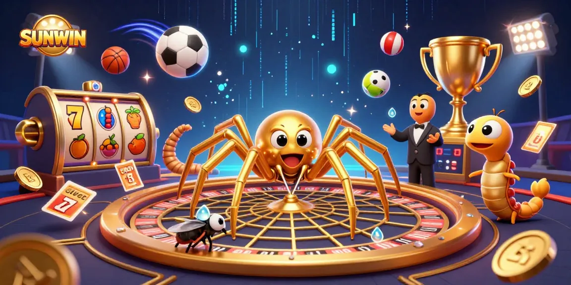 SUNWIN gaming scene with golden spider web roulette and animated sports elements.