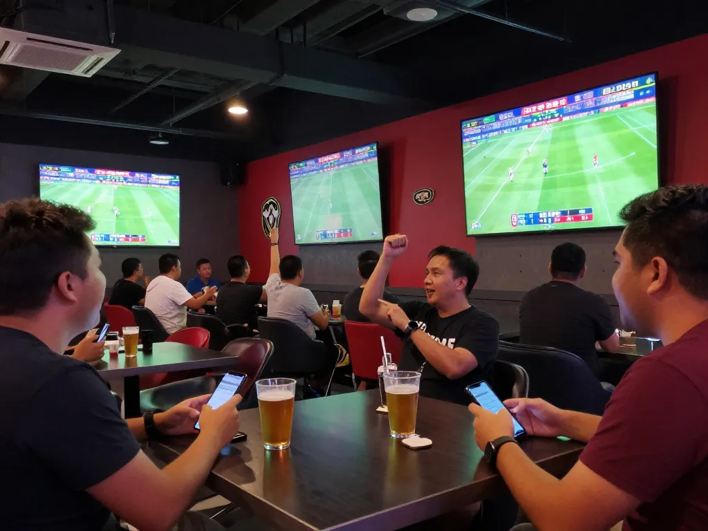 BJ88 fans strategically placing bets while enjoying a live football match at a vibrant sports lounge.