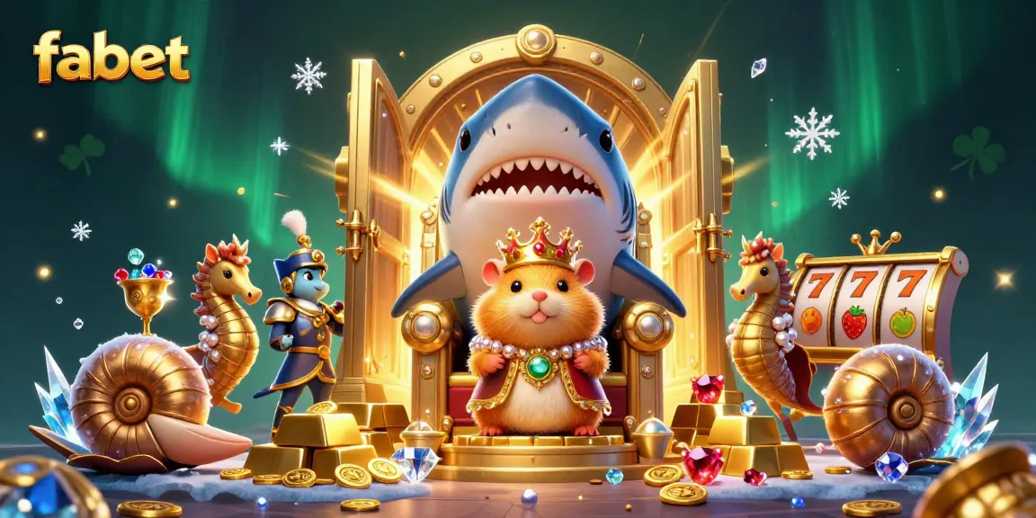 Experience the thrill at fabet with a dynamic casino scene featuring a golden hamster king and vibrant treasures.