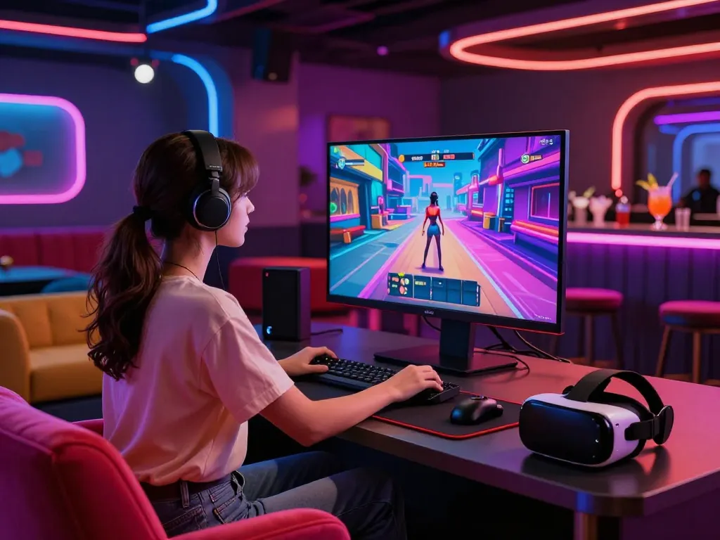 Experience the excitement of sex games in an immersive gaming lounge with vibrant colors and engaging technology.