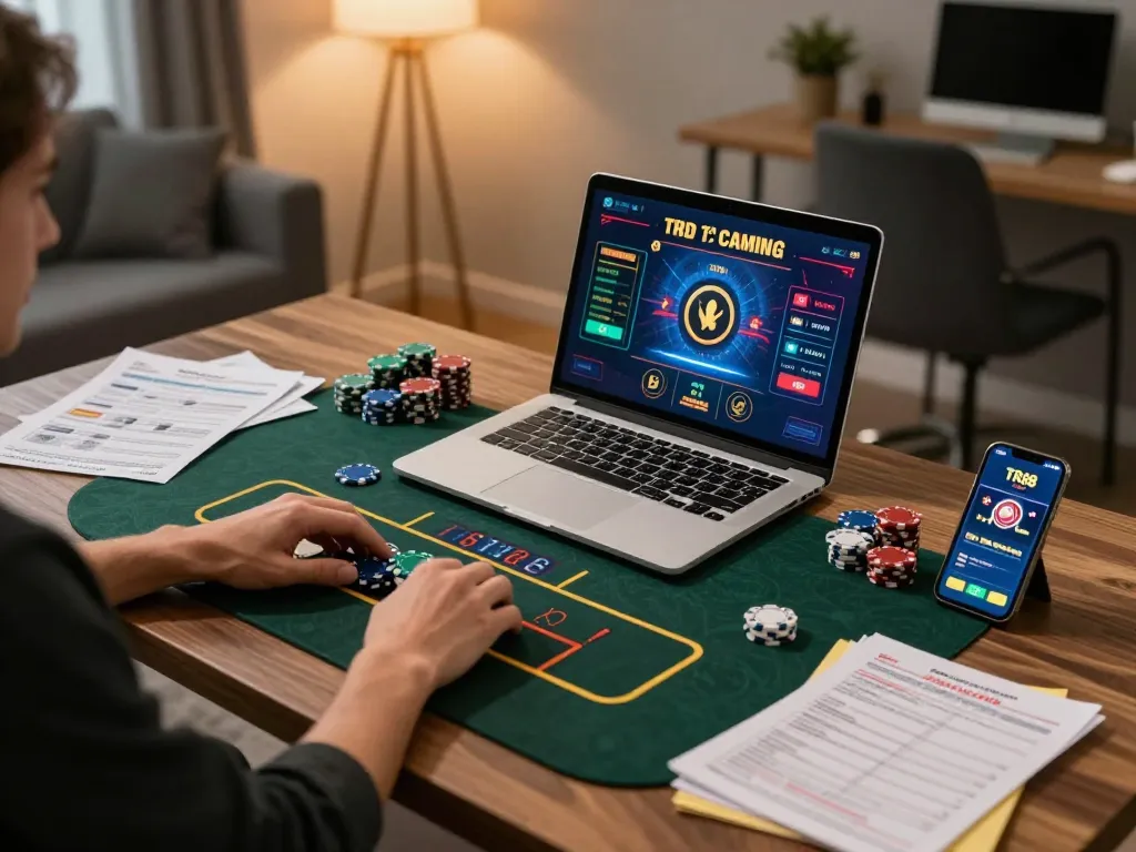 Player engaging in TR88 online live dealer game with a laptop in a cozy home setting