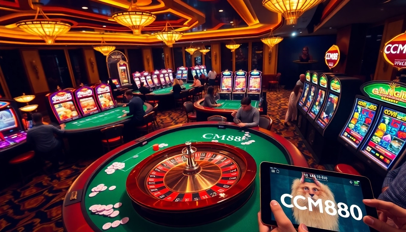 Experience high-stakes gaming at cm88 with poker chips and a roulette wheel.