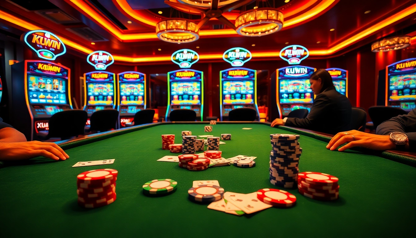 Engage with KUWIN in a vibrant online casino scene featuring colorful slot machines and poker action.