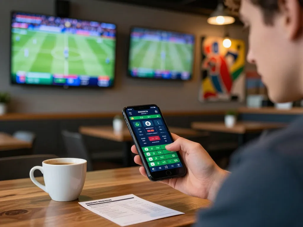 Kuwin user placing sports bets on mobile app at a café, capturing live game excitement.