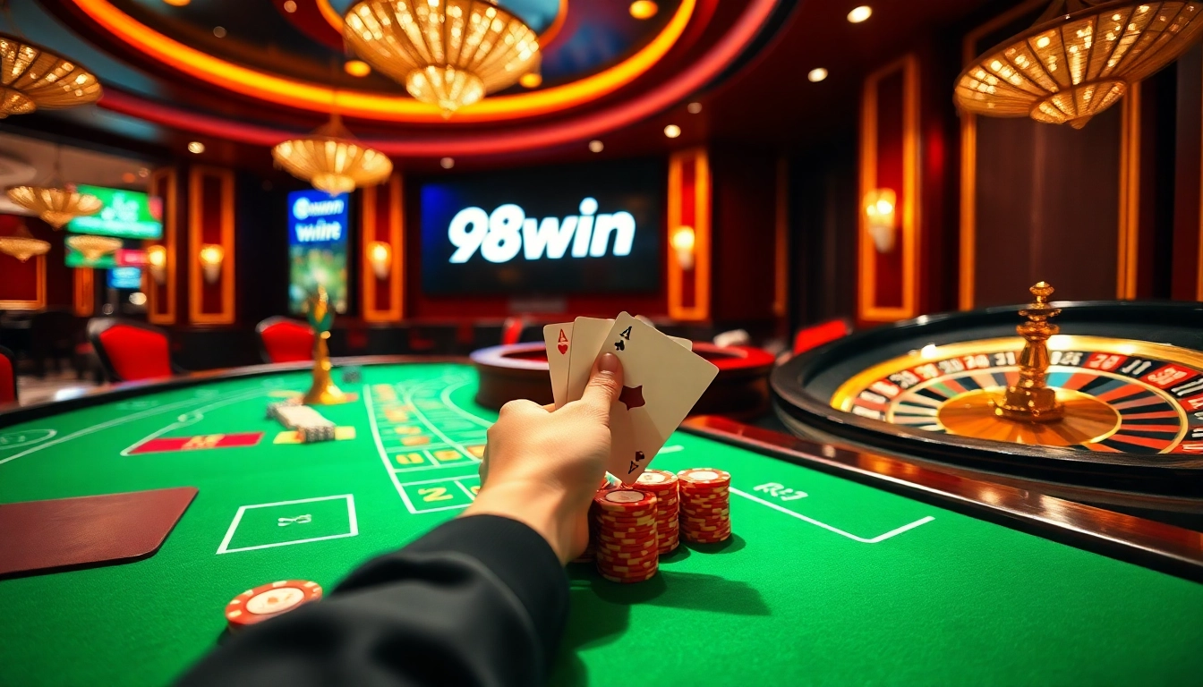 Experience the excitement of winning at 98win’s luxurious casino games with vibrant tables and chips.