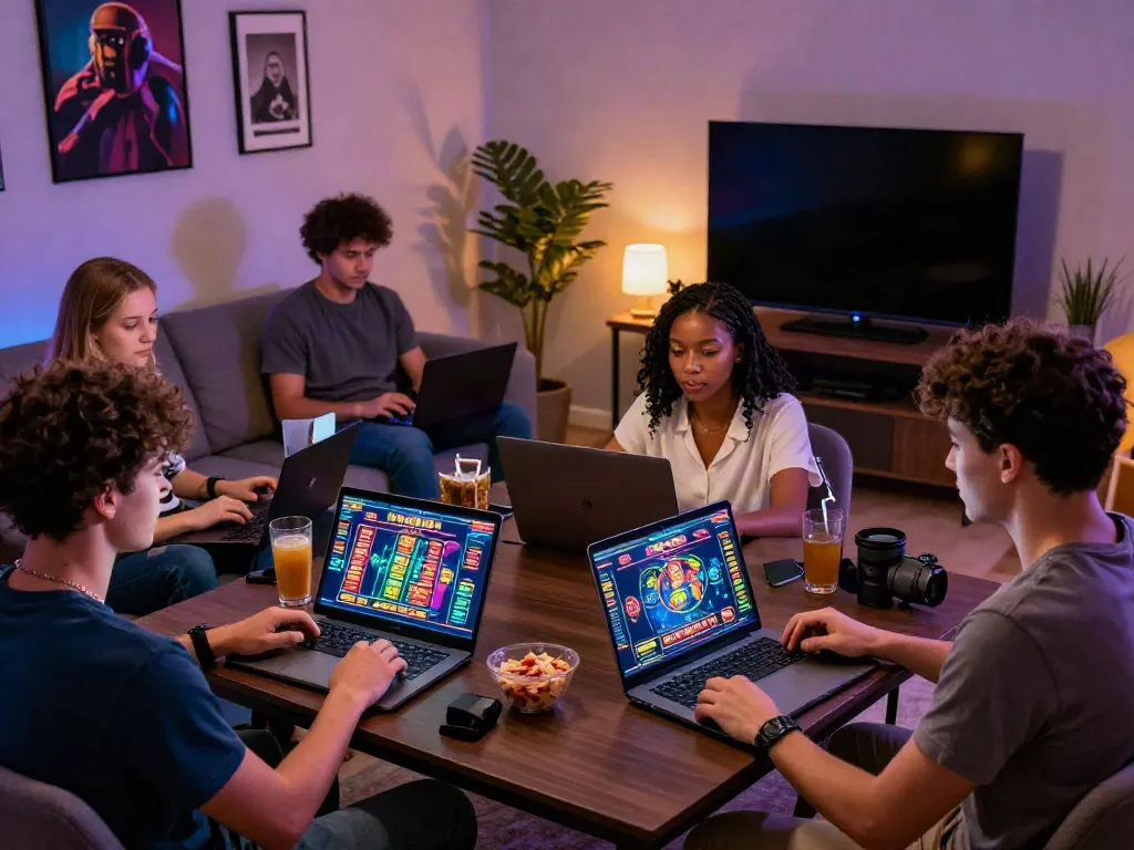 Young adults enjoying casino games at home, exploring casino not on gamstop options.