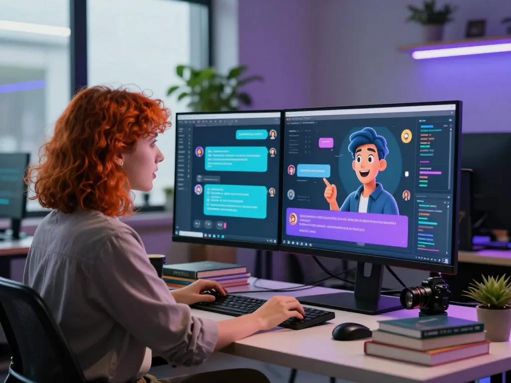 Engaging workspace with a young professional chatting with a spicy ai character, showcasing innovative technology.