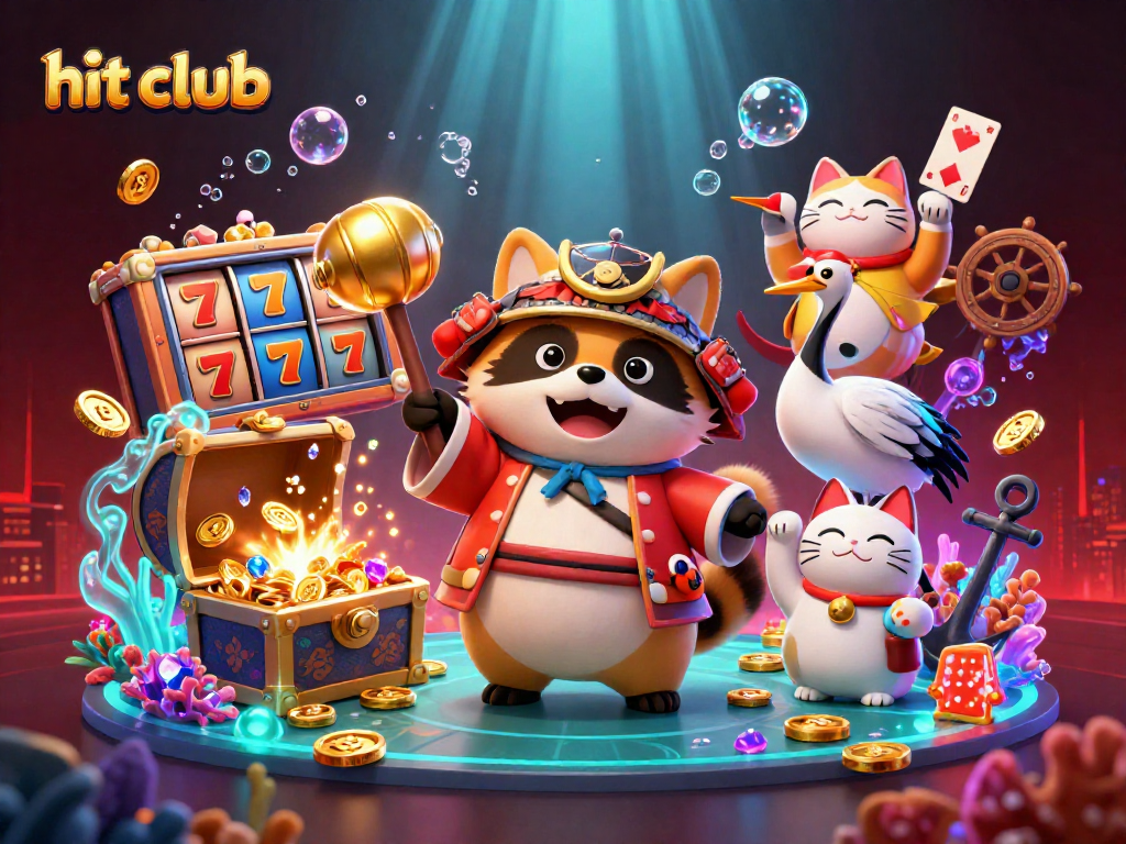 Hit club features a vibrant 3D casino scene with a cheerful tanuki and lucky elements.
