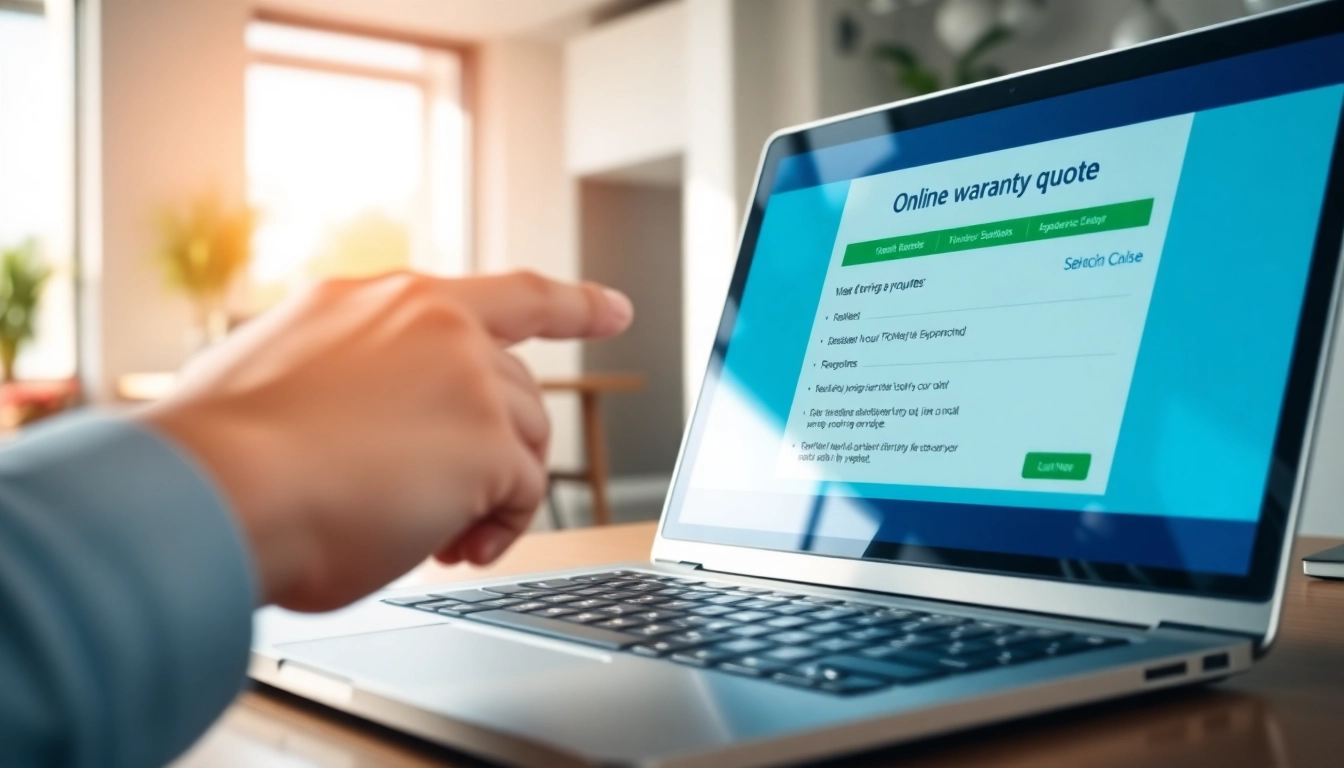 Generate an online warranty quote via a laptop screen showing detailed information in a professional office.