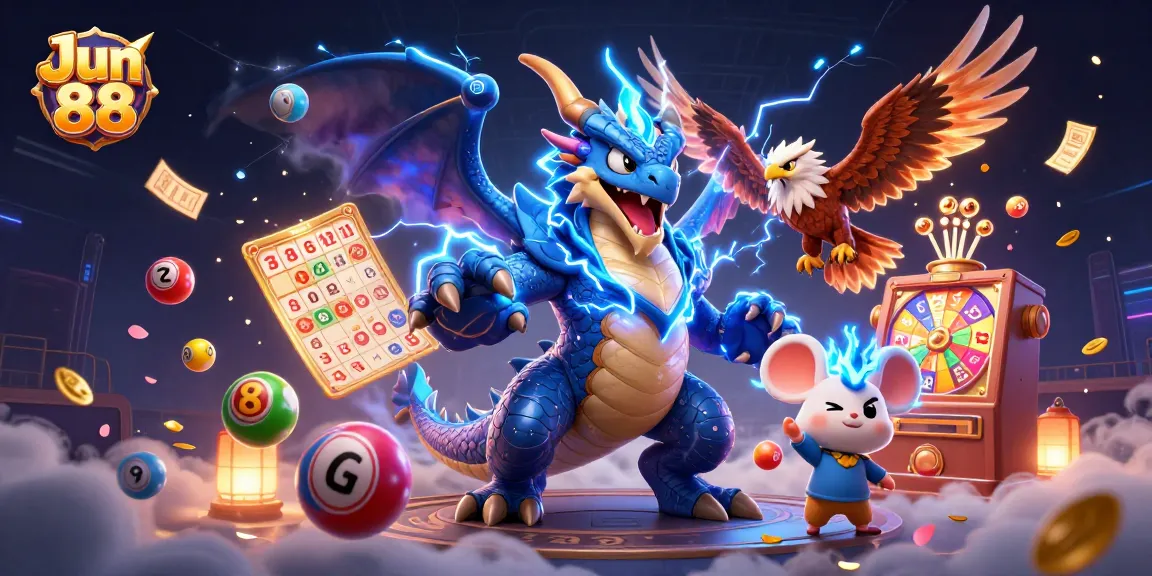 Engage with the thrilling world of Jun 88 casinos through vibrant lottery games and dynamic illustrations.