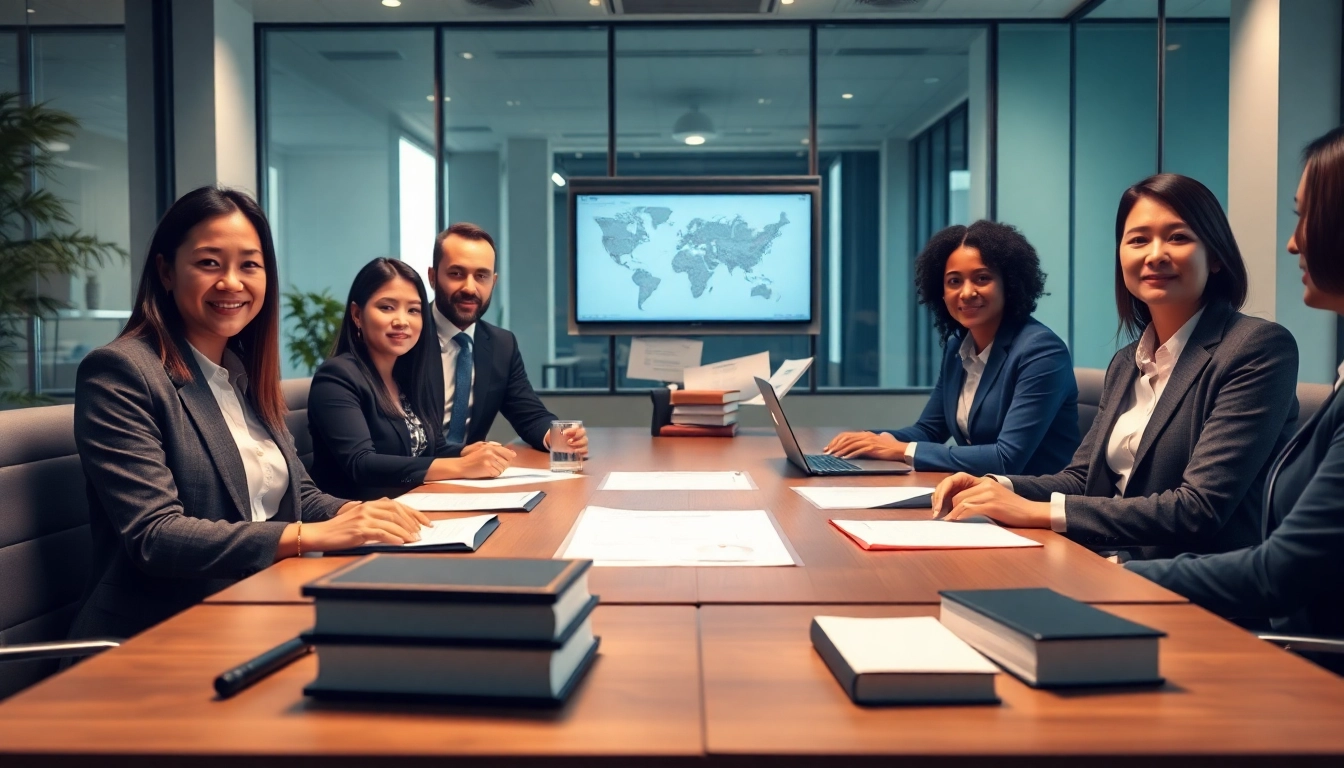 Lawyers for business setup in the US strategizing in a professional office setting.
