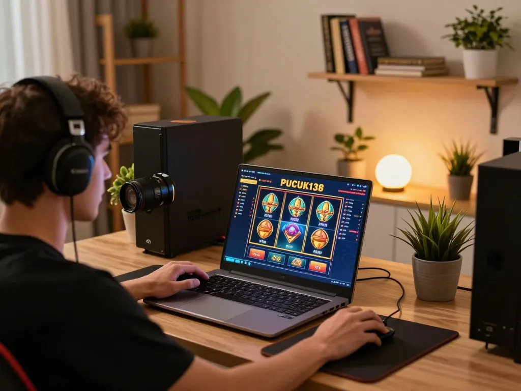 Player engaging with PUCUK138 online slots on a laptop in a cozy, stylish home office.