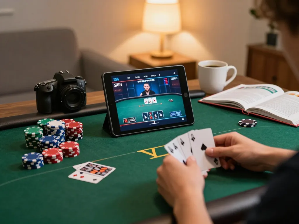 Engaging online poker scene on tablet showcasing 33WIN gameplay, cozy atmosphere with strategy notes.