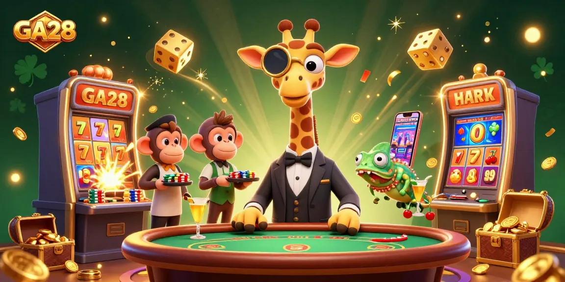 Spin and win at GA28 casino with a vibrant 3D scene featuring characters and a jackpot explosion.
