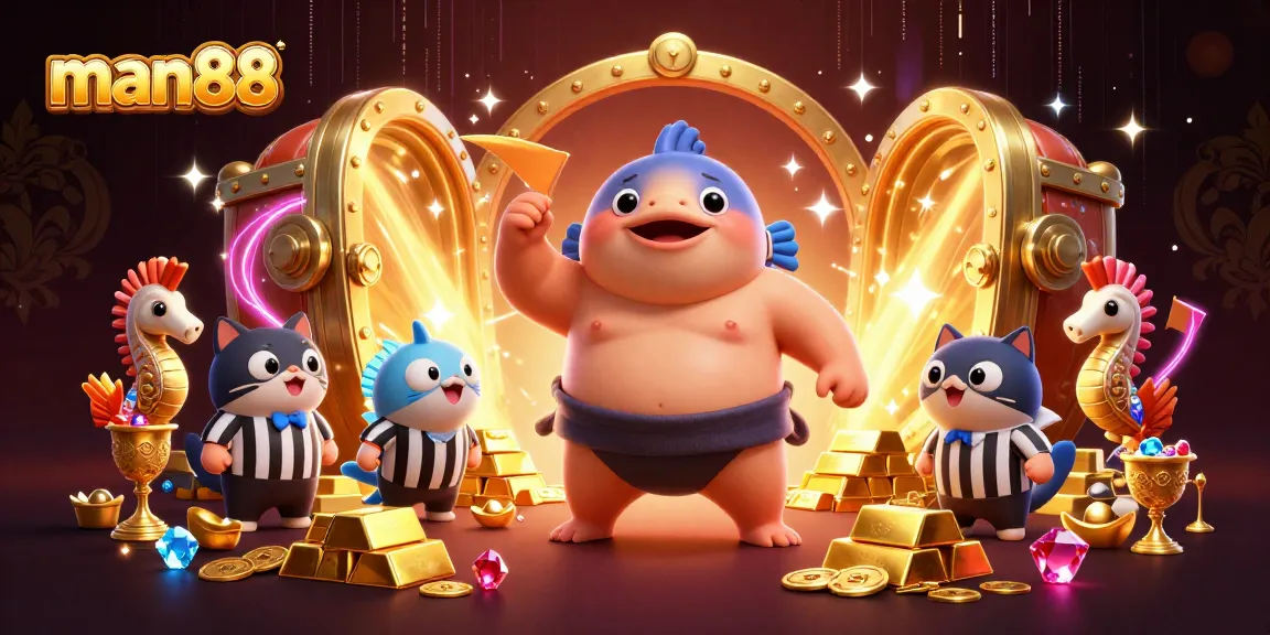 Join the fun at man88 as a blowfish sumo battles under the sea in this vibrant casino scene.