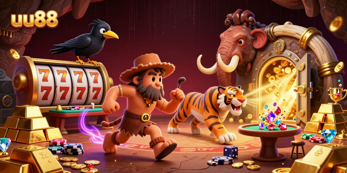 uu88 engages in vibrant prehistoric casino action with colorful slot elements and gleaming treasures.