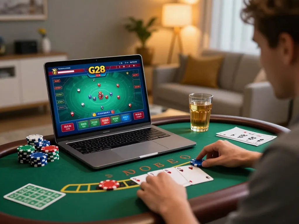 Player engaging in live dealer blackjack on G28, showcasing immersive online gaming experience at home.