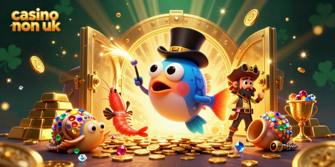 Experience thrill at casino non uk with 3D fishing characters amidst treasures and gold coins.