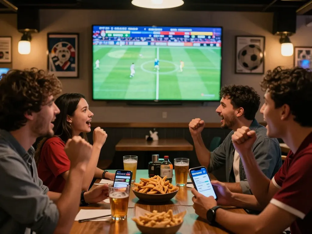 Friends enjoying soccer at a bar, capturing the excitement of Nowgoal's betting experience.