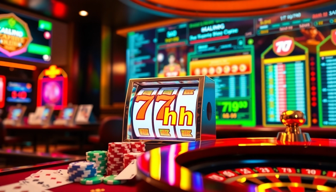 Spin the reels on the 7hh slot machine in a vibrant casino filled with excitement and luxury.