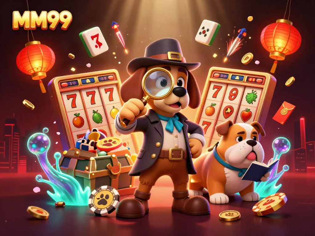 Join MM99's thrilling casino adventure with cartoon detective investigating poker clues surrounded by vibrant gaming elements.