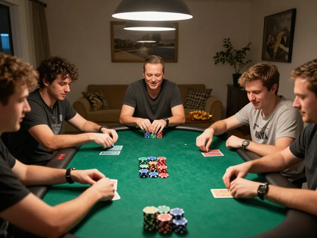 EE88 poker enthusiasts placing bets during a lively home game night with vibrant chips and focused expressions.
