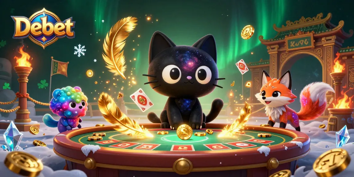 Engage with Debet's cosmic gaming experience, featuring a black hole cat and nebula fox amidst swirling casino elements.