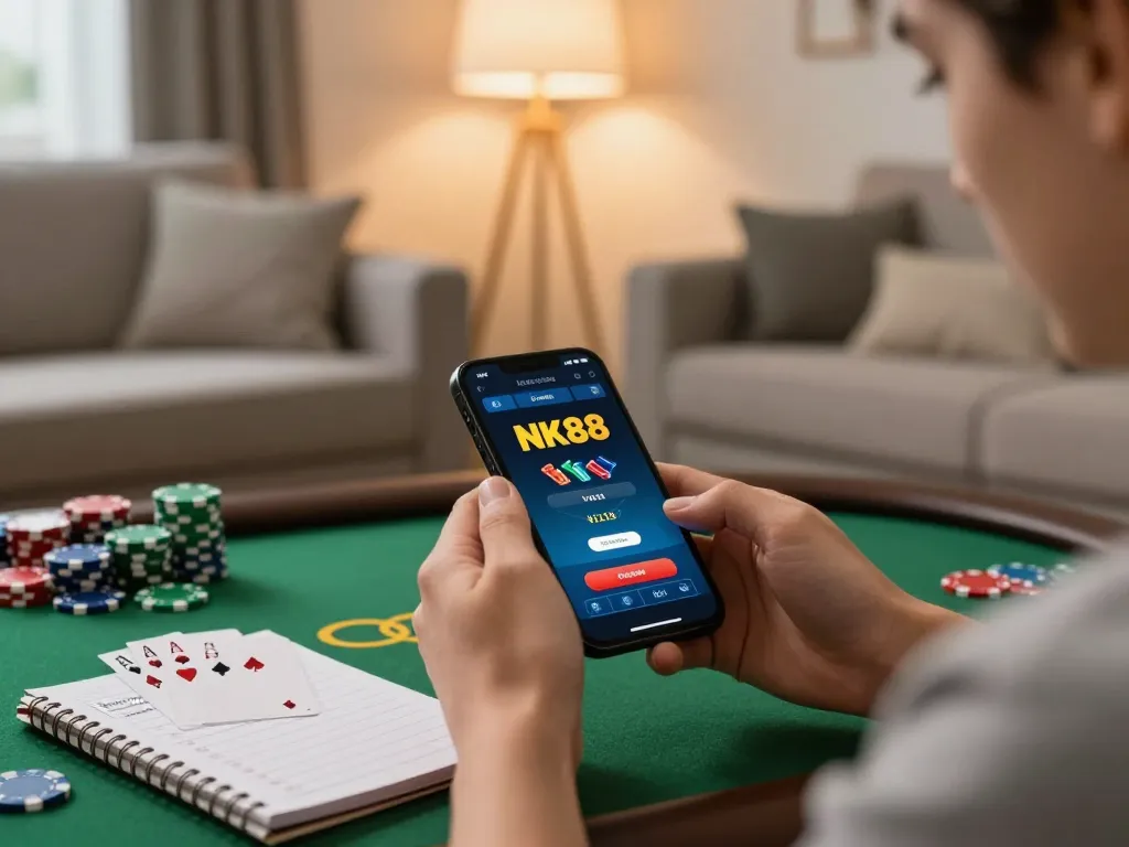 Engaging with the NK88 casino app in a cozy home setting while practicing responsible gaming.