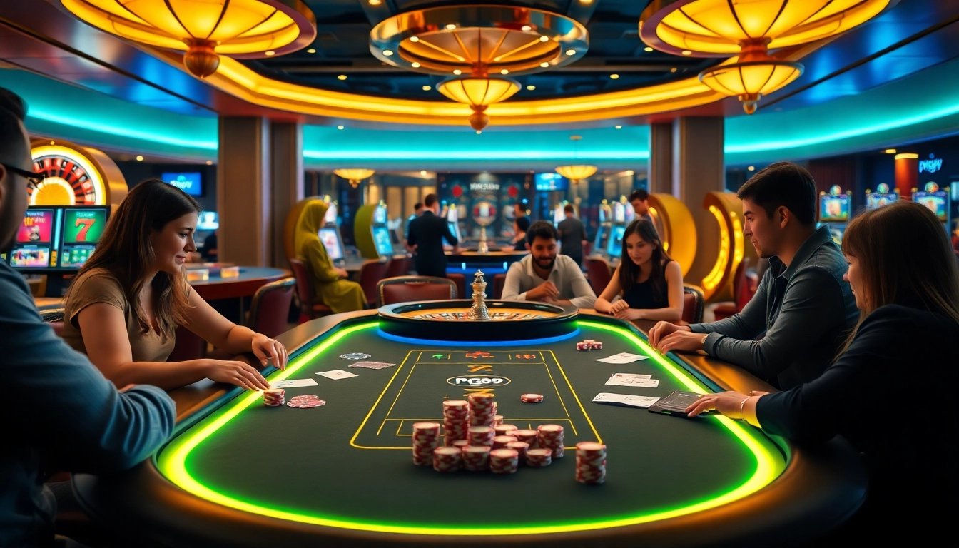 PG99 players engaging at an elegant casino table with vibrant lighting and premium gaming elements.