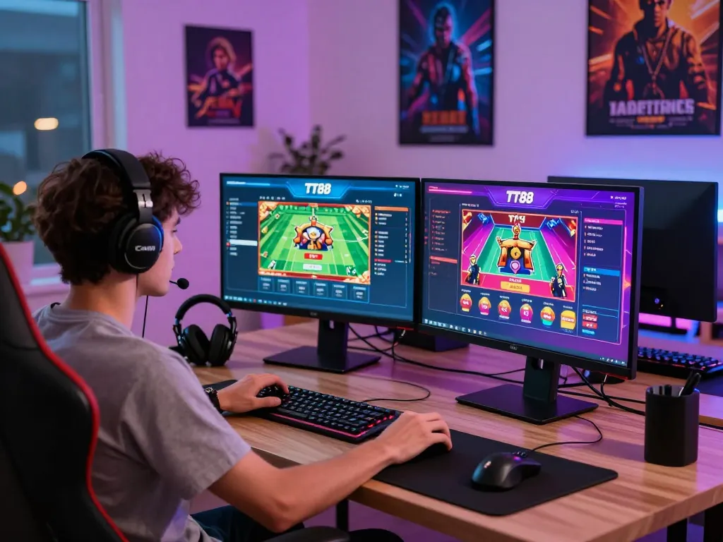 Player enjoying TT88 online betting platform in a modern gaming setup with live games and vibrant graphics.
