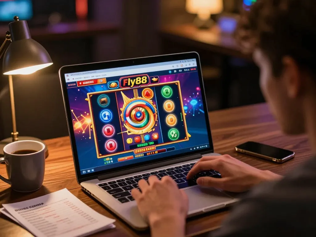 Player engaging with the fly88 casino online slot game interface, surrounded by notes on bankroll strategy.