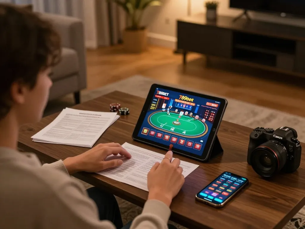 Player engaging with 789bet casino on tablet in cozy home setup, showcasing strategic game play.