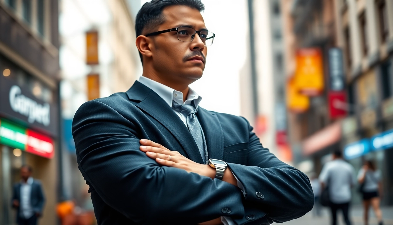 Bodyguard Service showcases a professional bodyguard standing confidently in an urban environment.