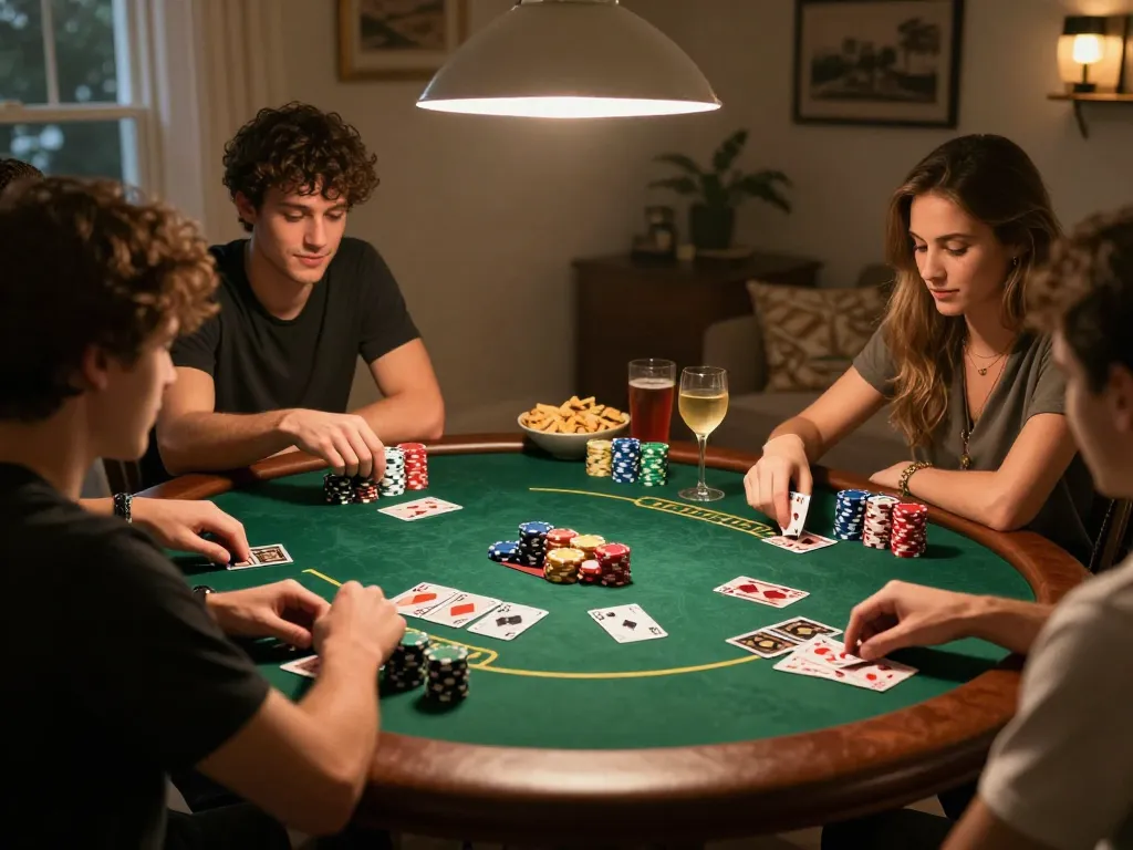Friends playing poker at SHBET home game night with colorful chips and snacks.