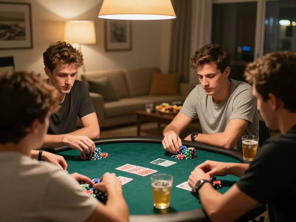 Friends enjoying a poker game night with 88xx chips on the table and drinks nearby.