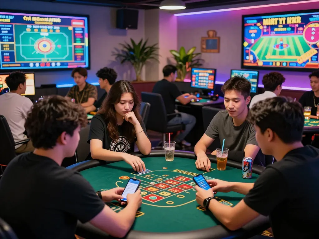 Engaging gaming scene showcasing young adults enjoying Hitclub app with vibrant atmosphere and betting excitement, link tải hitclub mới nhất displayed on mobile screens.