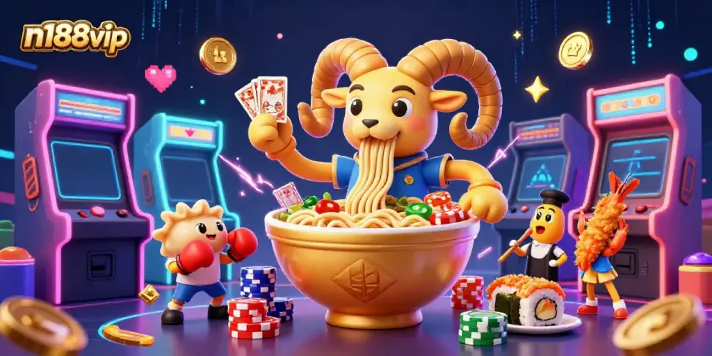 Engage with n188vip's dynamic gaming scene featuring colorful characters and vibrant casino elements.