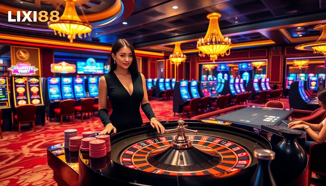LIXI88 players enjoying an exciting casino atmosphere with roulette and poker games.